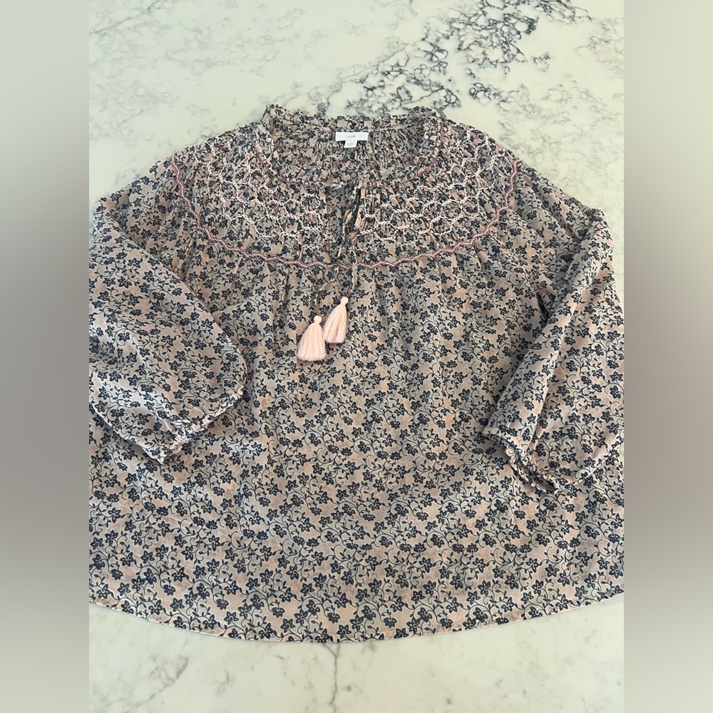 Women’s J Jill Sheer Rose Water Smocked Shirt Blouse Large Petite EUC